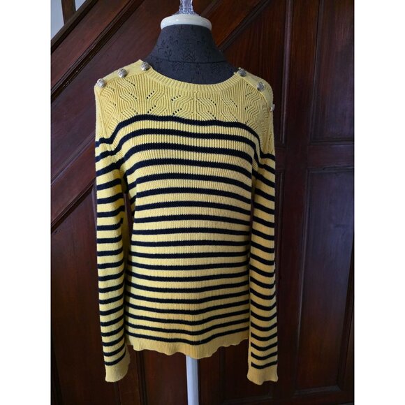 Talbots Yellow & Black Striped Knit Sweater With Shoulder Buttons Size L - Picture 1 of 9